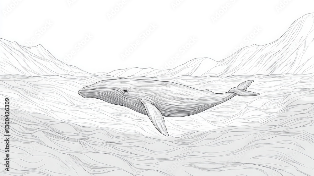 Obraz premium Whale in the Arctic Sea with Mountain Backdrop Delicate Line Drawing
