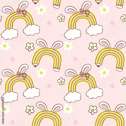 Retro Easter School Seamless Pattern, Rainbow Pencil Rainbow with Bunny Ears wallpaper background