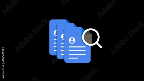 Approved file scan cartoon animation. Verified document icon with a checkmark. File scanning process. Successfully reviewed and validated data symbol.