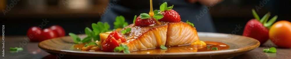 Chef artfully drizzles sauce over salmon and fruit, texture, fine dining, artistic Chef artfully drizzles sauce over salmon and fruit, texture, fine dining, artistic