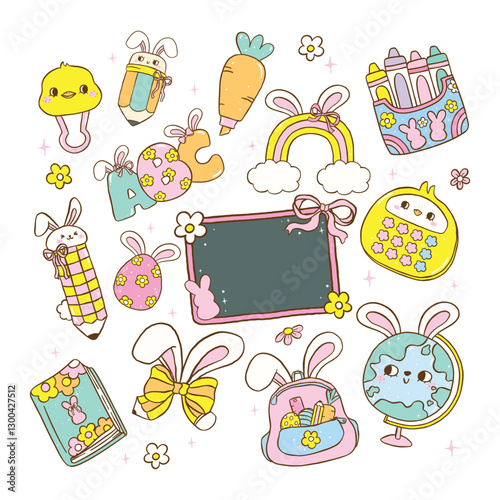 Retro Pastel Easter School Supply Collection, Groovy Coquette Cartoon Hand Drawn
