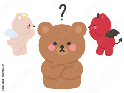 Confused Brown Bear with Angel and Devil Floating Nearby in Cute Cartoon Style
