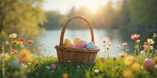 Vibrant Easter Egg Basket in a Blooming Garden Setting – A Perfect Visual for Springtime Celebrations and Easter-Themed Advertisements