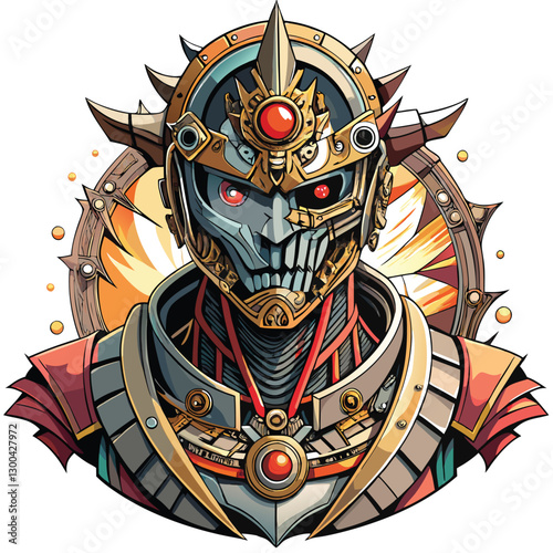 A grizzled warrior, his shattered helmet revealing a scarred face, stands amidst a battlefield strewn with debris.  He holds a broken sword.