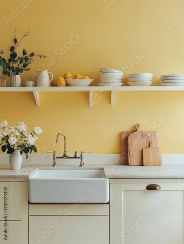 A kitchen featuring a sink with a yellow colored backdrop