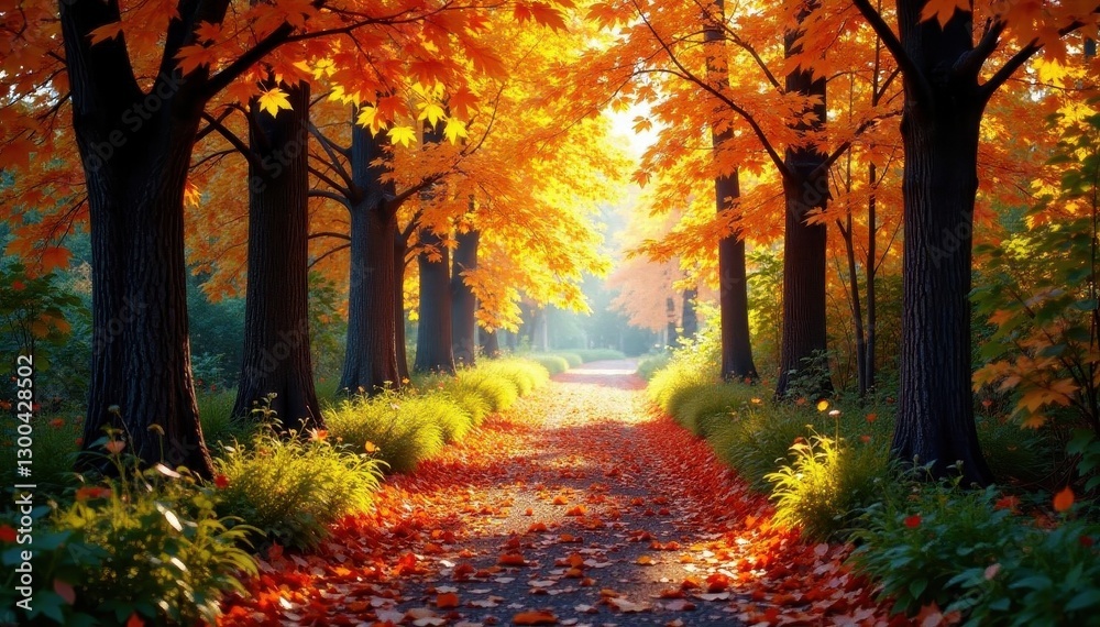 Naklejka premium Sun-dappled autumn forest path, vibrant foliage , woodland, sunbeams, scenic