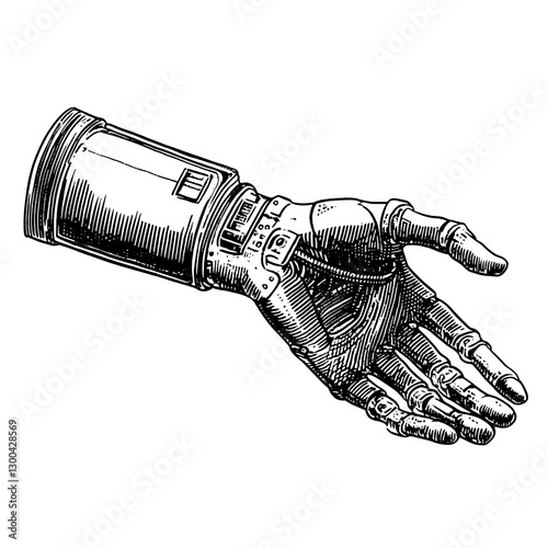 Engraved illustration of a vintage prosthetic arm showcasing intricate detailing and mechanical design