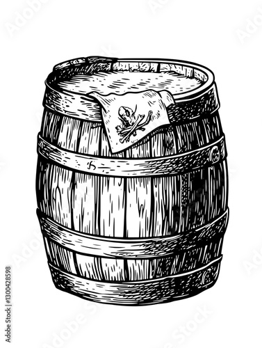 Wooden barrel resting on a table with a cloth depicting a skull, surrounded by a vintage nautical theme
