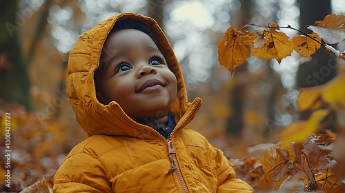 Baby smiles in autumn forest, looking up at leaves