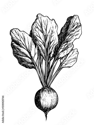 Engraved illustration of a freshly harvested beet with green leaves showcasing natural beauty and agriculture