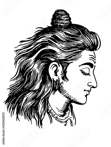 Vector engraved illustration of a serene figure with flowing hair depicted in profile