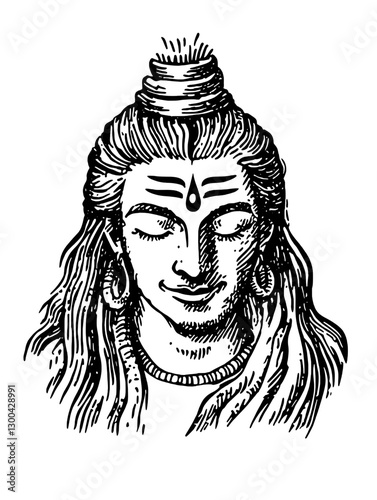 Vector engraved illustration of a peaceful Shiva depicting meditation and spirituality in a traditional artistic style