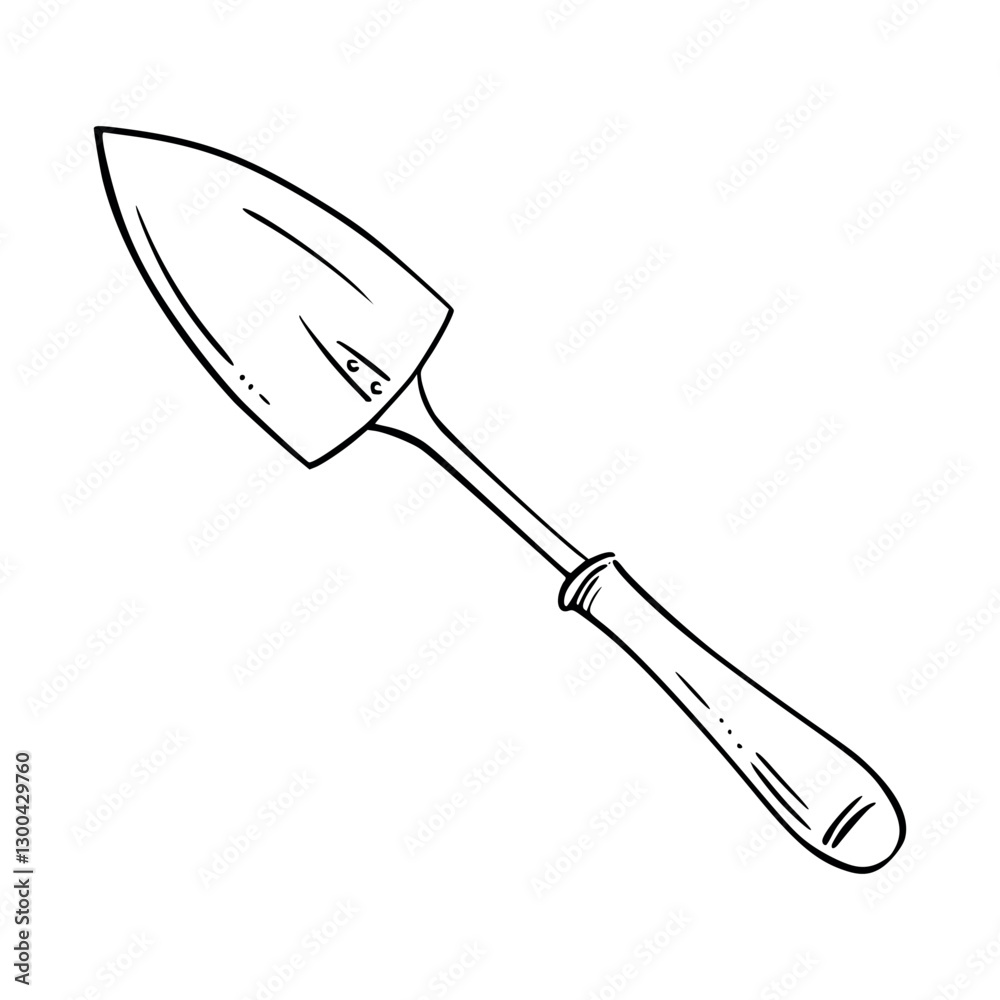 Obraz premium Garden trowel. Minimalist vector illustration of plant spade. Perfect for gardening projects, landscaping, construction and spring planting visuals, sign, label, sticker, card. Clean line art.