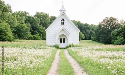 Historic white chapel nestled in a field of wildflowers, peaceful rural scene