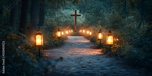 A serene pathway in the woods, illuminated by glowing lanterns, leading to a cross in the distance, evoking a sense of peace and spiritual reflection.