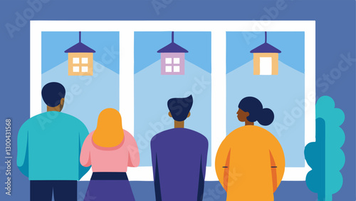 Window Shopping for Homes Characters looking through a storefront window displaying beautiful apartments but with labels like Out of Budget and Wishful Thinking attached to them.