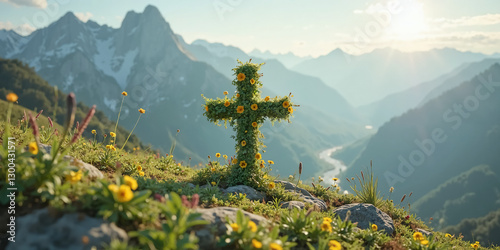 Cross Made from Plants and Flowers on a Majestic Mountain – A Beautiful Representation of Easter, Faith, and Renewal for Marketing