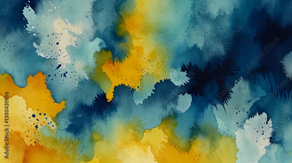 Fototapeta premium Blue and yellow watercolor vector texture background for poster, cover, banner, flyer, cards. Hand drawn summer illustration for design. Summer minimalistic background. Paper texture.