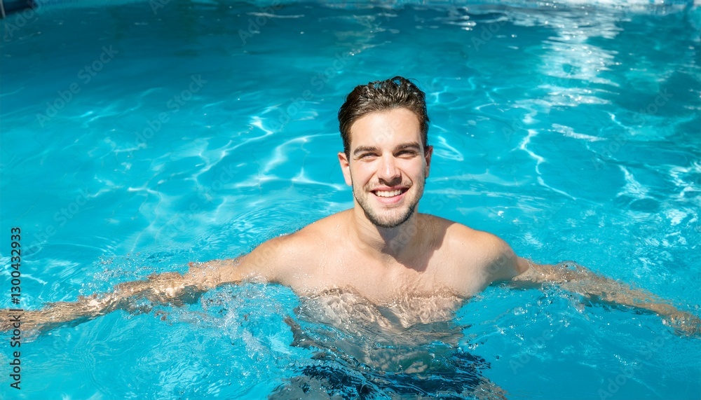 a smiling man enjoying a refreshing swim in a clear blue pool, with his arms outstretched a smiling man enjoying a refreshing swim in a clear blue pool, with his arms outstretched