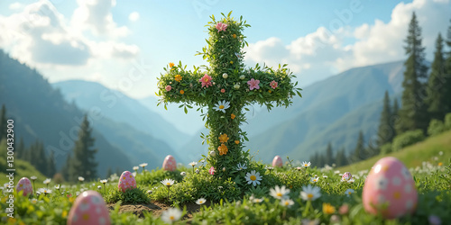 Cross of Flowers and Greenery on a Mountain – A Powerful Image for Faith-Based and Seasonal Promotions For Easter