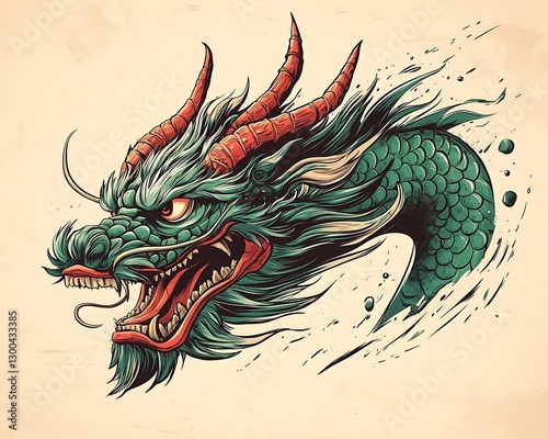 Dragon Head Roaring Creature on Textured Paper