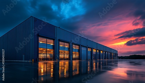 Industrial building reflects sunset on wet ground