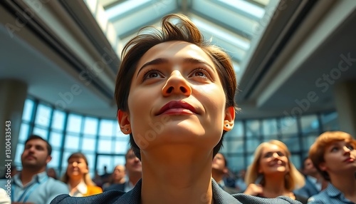 Wallpaper Mural A woman looks upwards in a crowded convention hall Torontodigital.ca