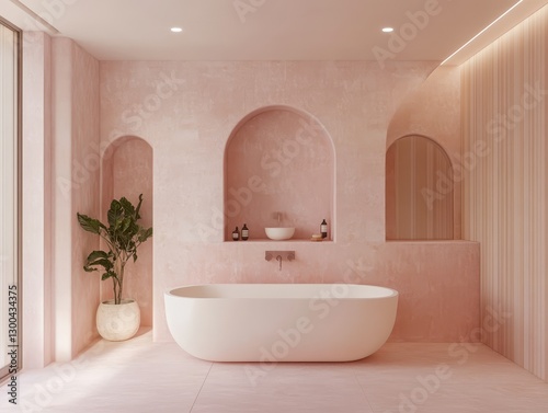 A modern pink bathroom with plants and a bathtub