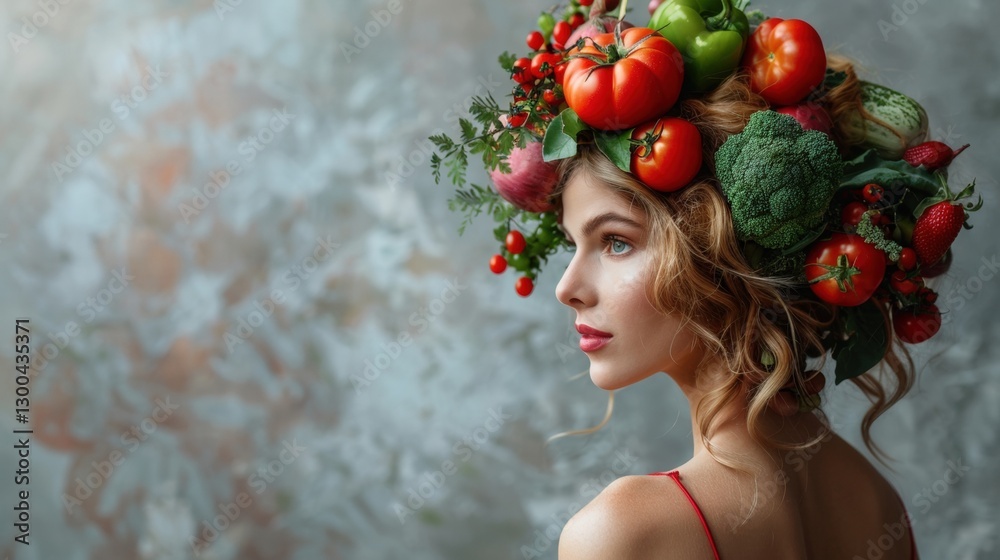 Fresh Vegetables Symbolize Health and Nutrition in a Woman's Thoughts on a Gray Background Fresh Vegetables Symbolize Health and Nutrition in a Woman's Thoughts on a Gray Background