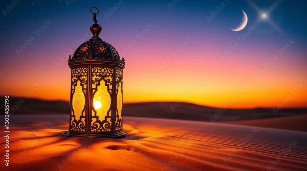 Glowing Lantern in Desert Sunset Ramadan Scene Glowing Lantern in Desert Sunset Ramadan Scene