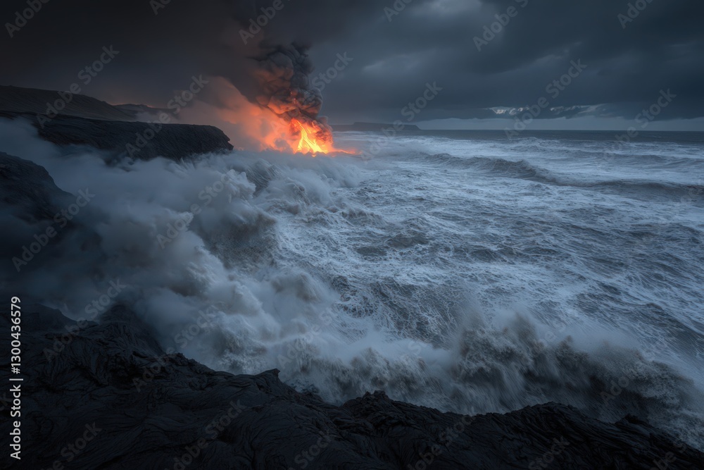 Fototapeta premium Fiery Lava Flow Meets Turbulent Ocean Waves Under a Dramatic Sky