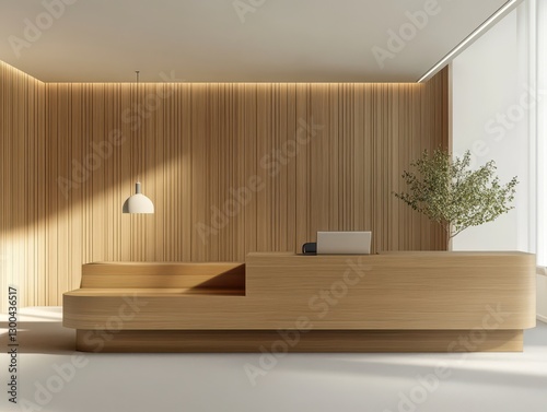 A wooden reception desk with a laptop and small plant