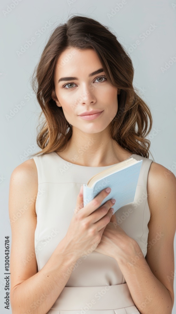 Young Woman Holding Book Smiling in Soft Neutral Background Portrait Young Woman Holding Book Smiling in Soft Neutral Background Portrait