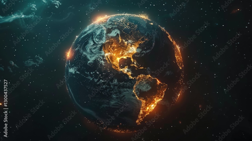 Night View of Planet Earth From Space Illuminated by Communication Lines Showcasing Global Connectivity and Technological Advancements Night View of Planet Earth From Space Illuminated by Communication Lines Showcasing Global Connectivity and Technological Advancements