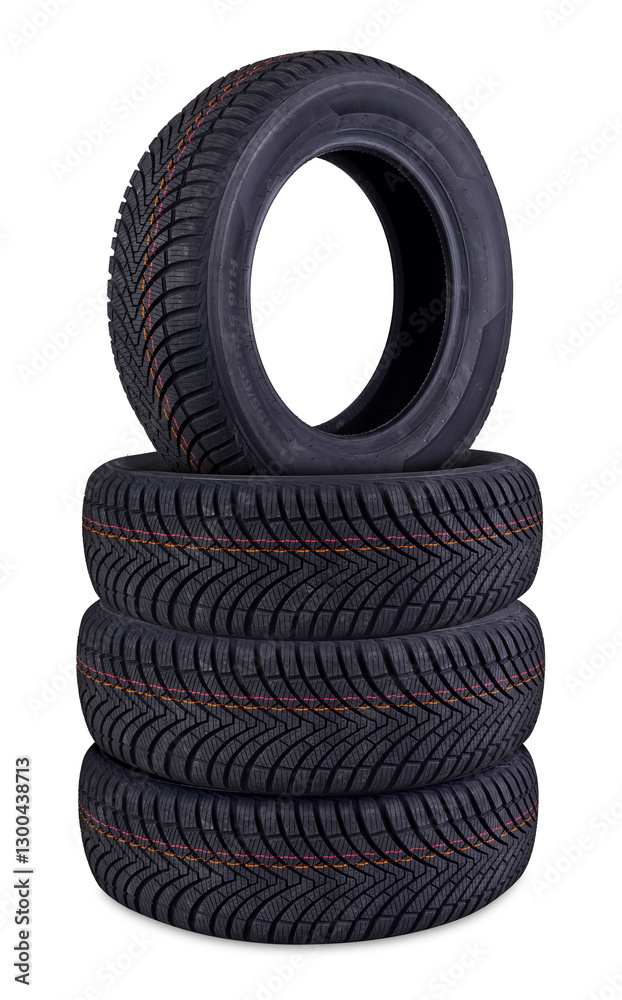 stack of new mud and snow m+s all or four season tires isolated on white background highlighting their tread patterns and thickness. vehicle and car servicee change spare parts and industry concept.