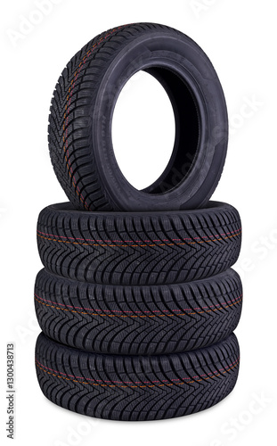 Obraz na płótnie stack of new mud and snow m+s all or four season tires isolated on white background highlighting their tread patterns and thickness. vehicle and car servicee change spare parts and industry concept. w salonie