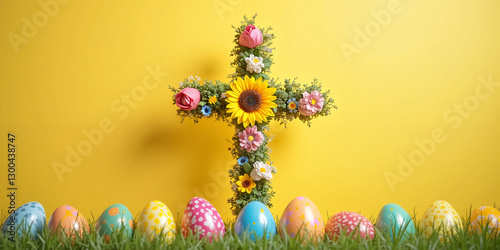 Easter Cross Made from Flowers and Plants with Colorful Eggs Below on a Gentle Backdrop – A Stunning Visual for Holiday Promotions