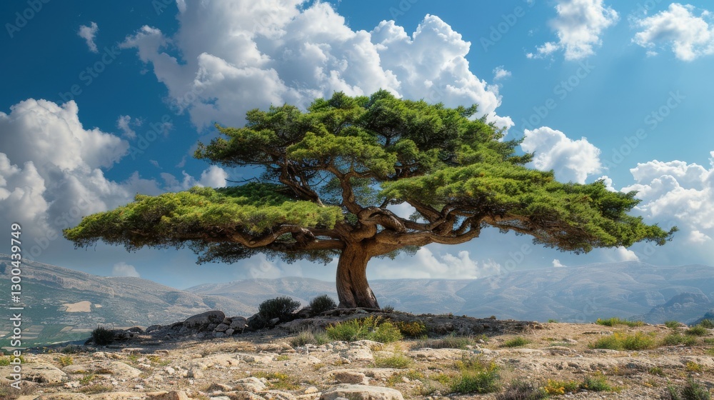 Majestic Tree Under Dramatic Sky with Clouds and Scenic Landscape Surrounding It Majestic Tree Under Dramatic Sky with Clouds and Scenic Landscape Surrounding It