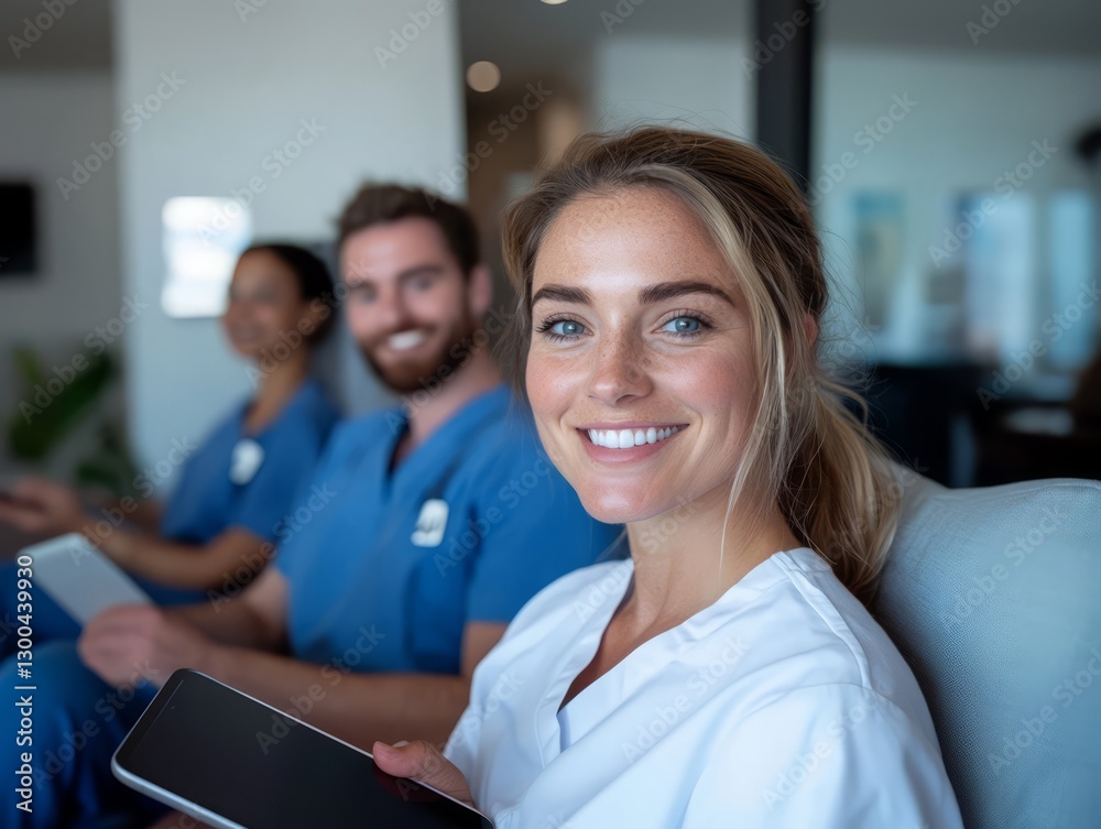 A nurse holding a tablet and smiling
A nurse holding a tablet and smiling