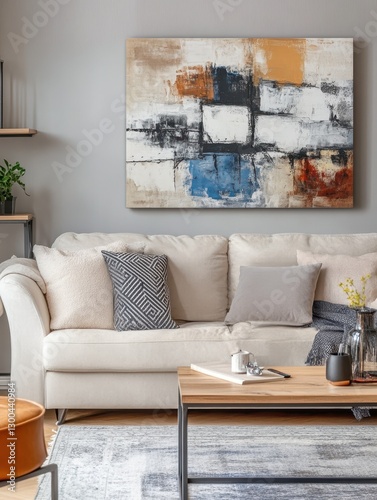 Modern living room includes a sofa with abstract painting display photo