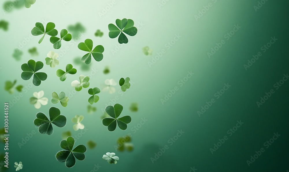 Elegant clover leaves float against a gradient green background, perfect for St. Patrick's Day decor, spring festivities, or seasonal marketing designs. Elegant clover leaves float against a gradient green background, perfect for St. Patrick's Day decor, spring festivities, or seasonal marketing designs.