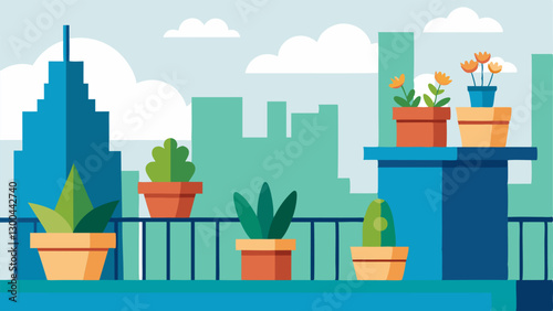 Tiny Balcony Garden An apartment balcony overflowing with potted plants and flowers while below is a sprawling concrete city showcasing the desire for greenery in urban life.