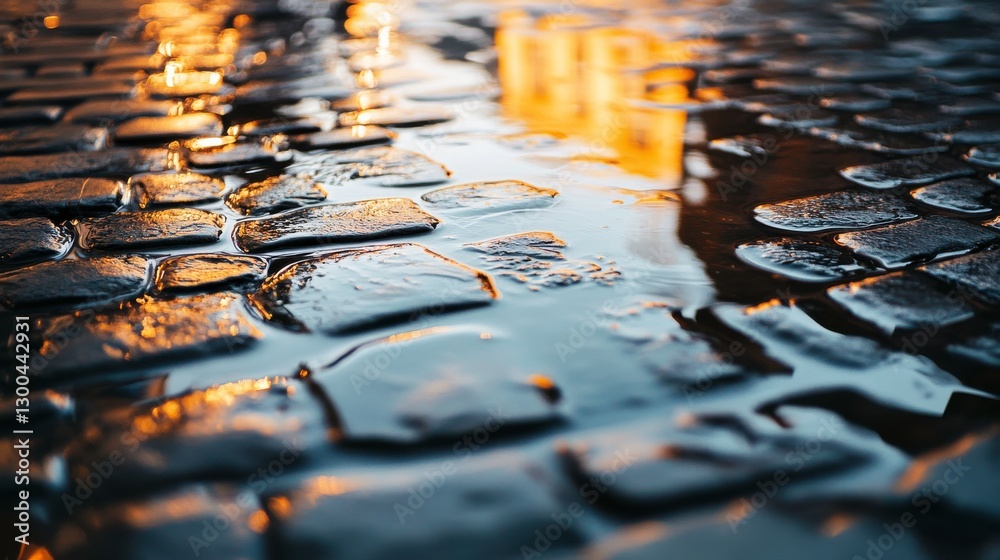 Obraz premium Reflective Puddles on Cobblestones in Urban Light