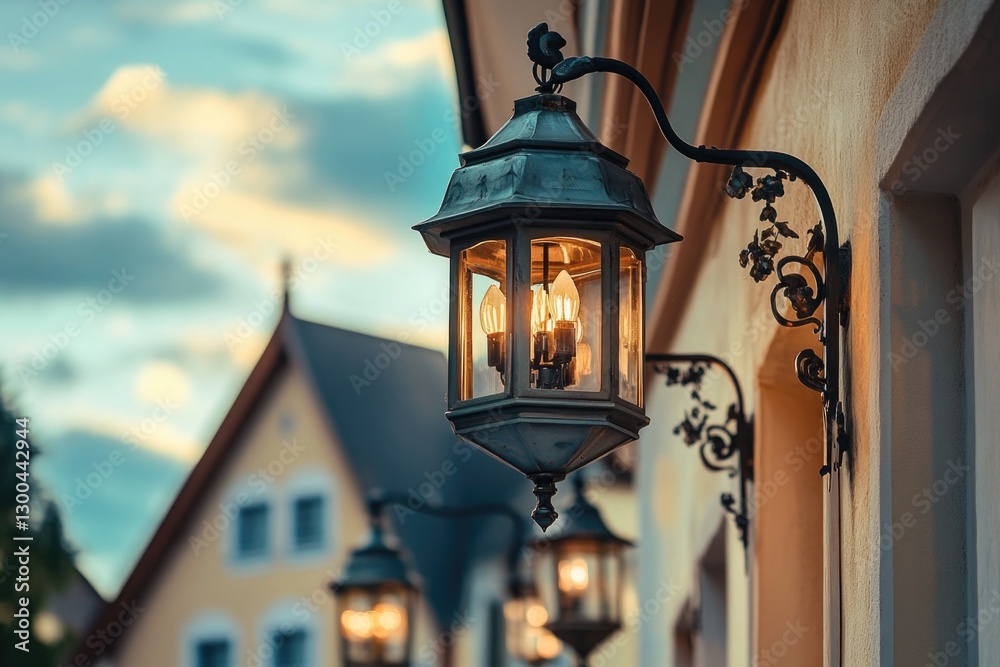 A street light hangs from the side of a building, providing lighting for pedestrians and vehicles