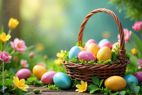 A basket of Easter eggs surrounded by a profusion of colorful flowers and lush greenery , spring scene, flower basket, easter eggs