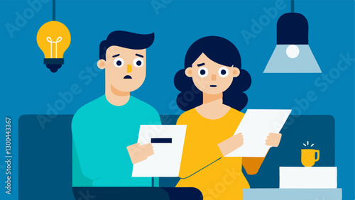 Utility Bill Shock A couple in their living room frowning as they read an unusually high utility bill with light bulbs and appliances in the background emphasizing high energy