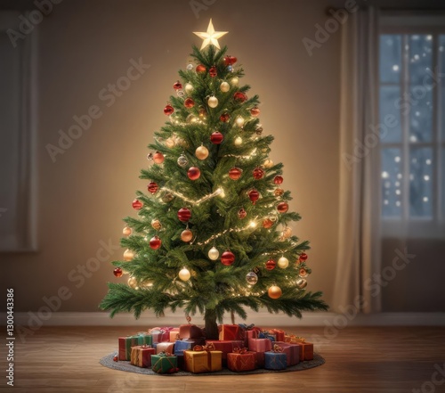 A Christmas tree with festive lights and ornaments,  ornaments,  decorated tree