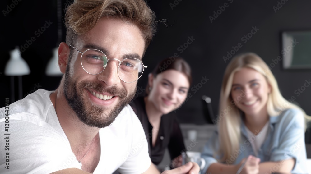 Smiling Young Professionals Engaged in Creative Collaboration in Modern Office Smiling Young Professionals Engaged in Creative Collaboration in Modern Office