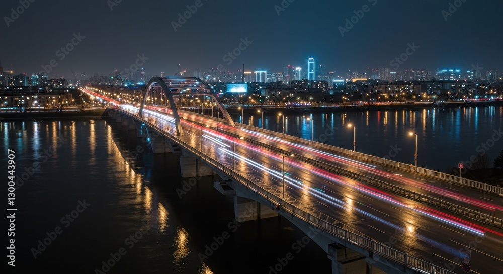 Fototapeta premium Bridge at Night with Light Trails and City Skyline Background