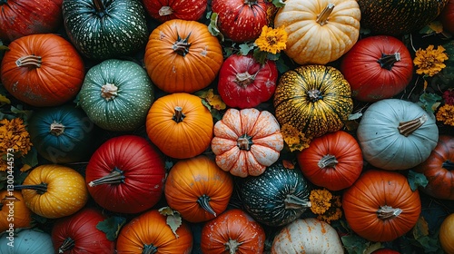 Colorful pumpkins, autumn display, harvest, fall photo